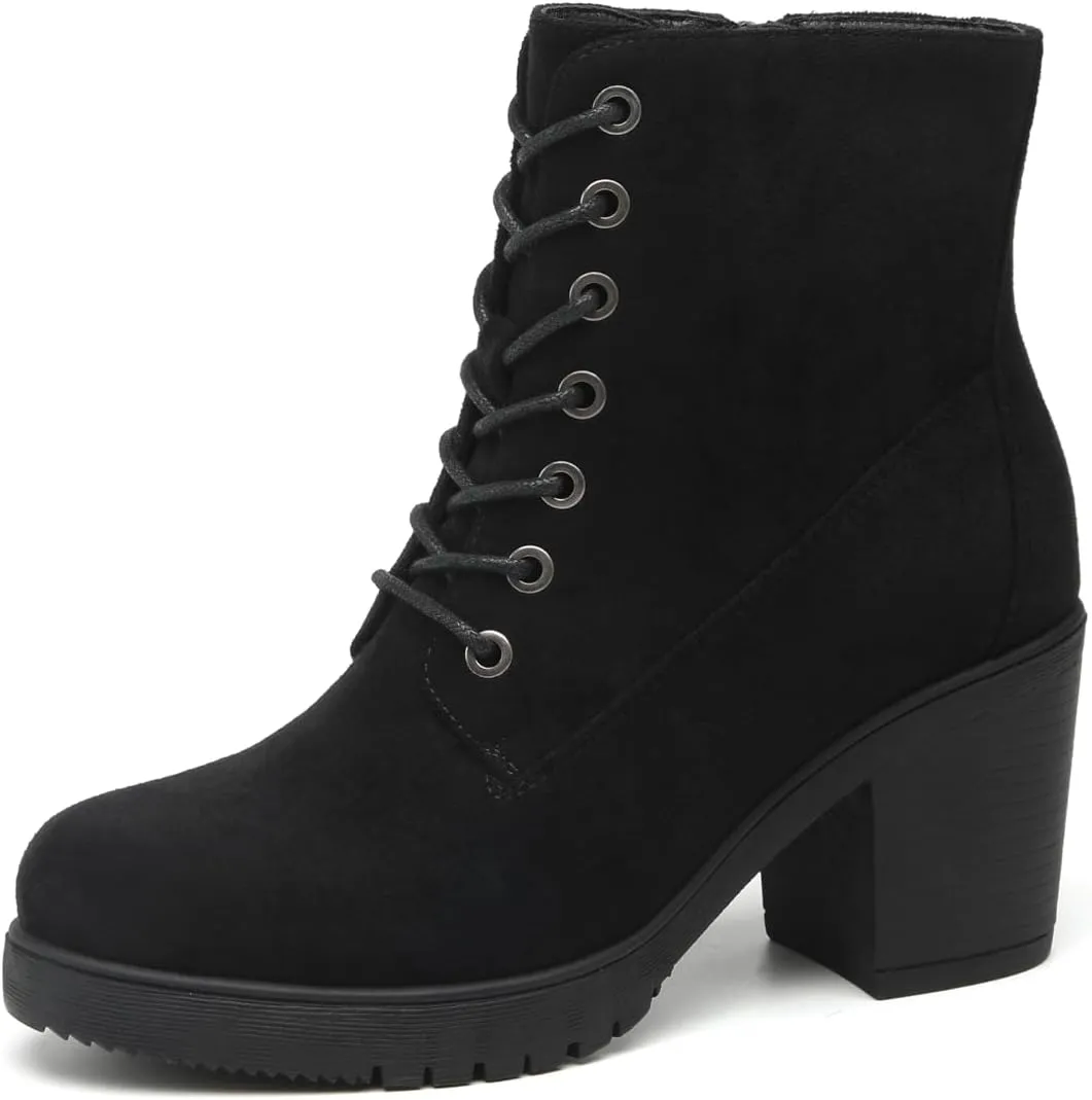 TYNDALL Women's Chunky Heel Ankle Boots Stylish High Heel Lace-Up Side Zipper Booties for Girls Black Women's Boots