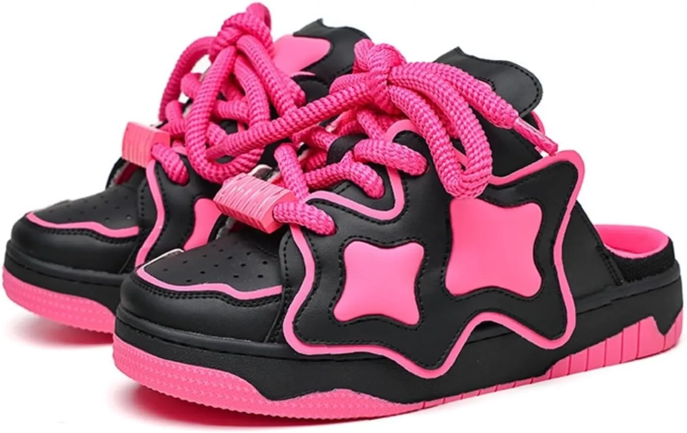 Unique Cute Star Slip On Chunky Sneakers for Women Girls Teens, Y2K Mule, Street Skate Shoes, Height Boost, Double Lace