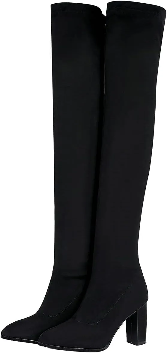 UniqueStride Womens Stretch Thigh High Boots High Block Heel Pointed Toe Over The Knee Boots