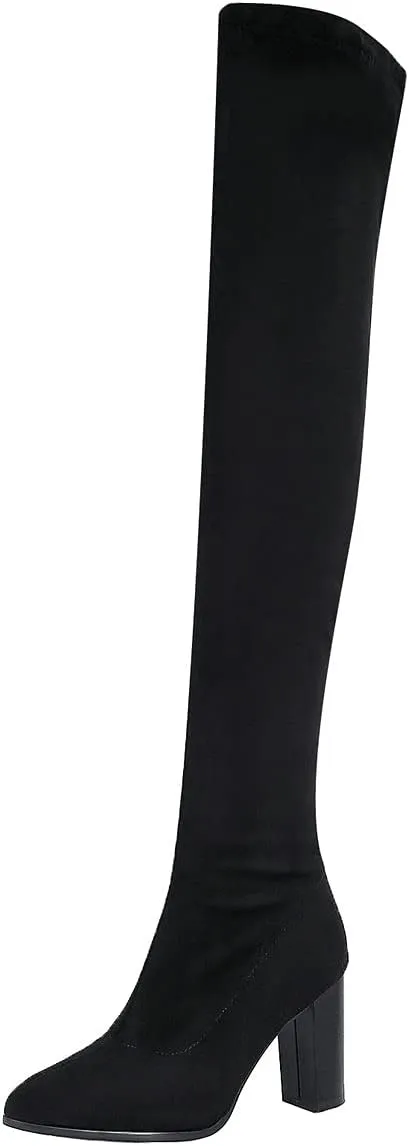 UniqueStride Womens Stretch Thigh High Boots High Block Heel Pointed Toe Over The Knee Boots