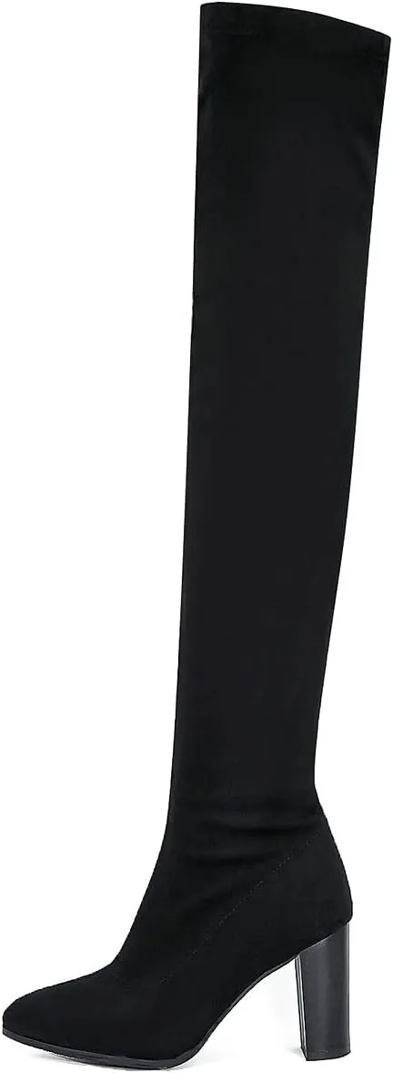 UniqueStride Womens Stretch Thigh High Boots High Block Heel Pointed Toe Over The Knee Boots