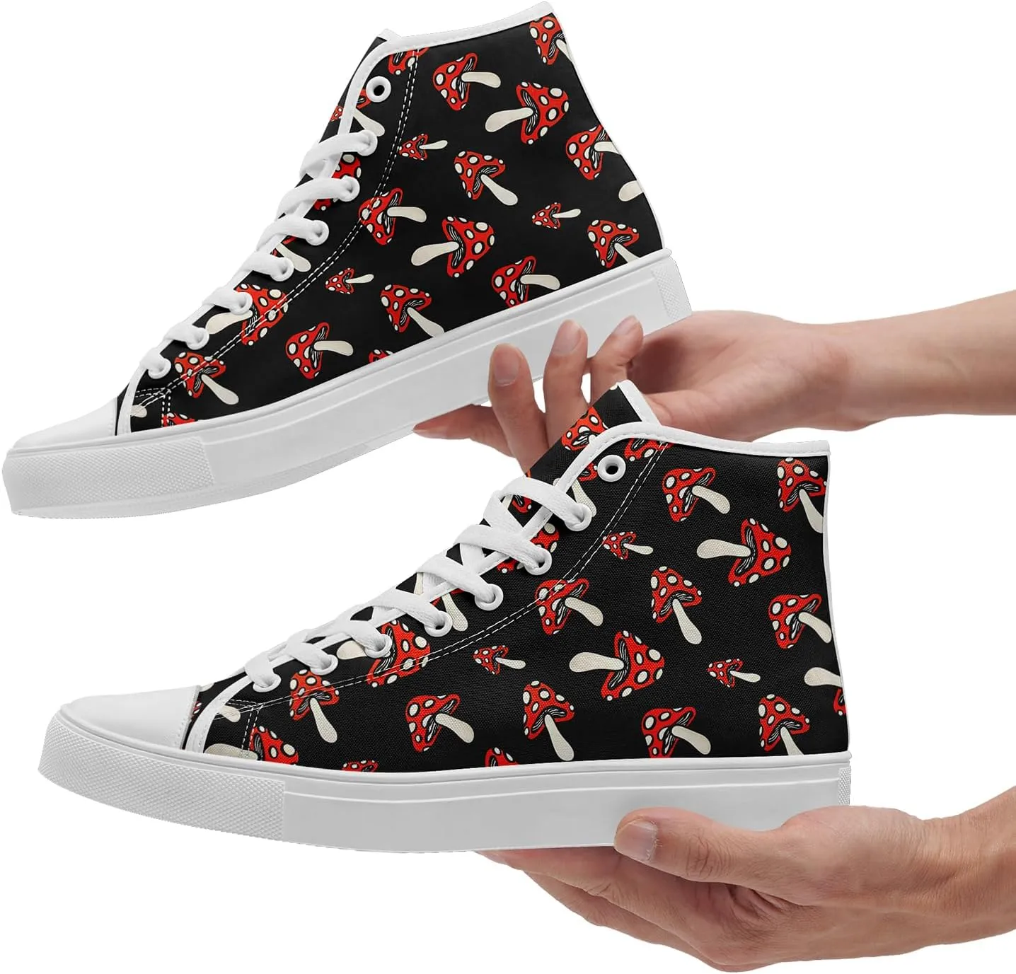 Unisex Artistic Mushroom Print High Top Canvas Sneakers, Lightweight Breathable Lace-Up Shoes for Walking and Daily Wear