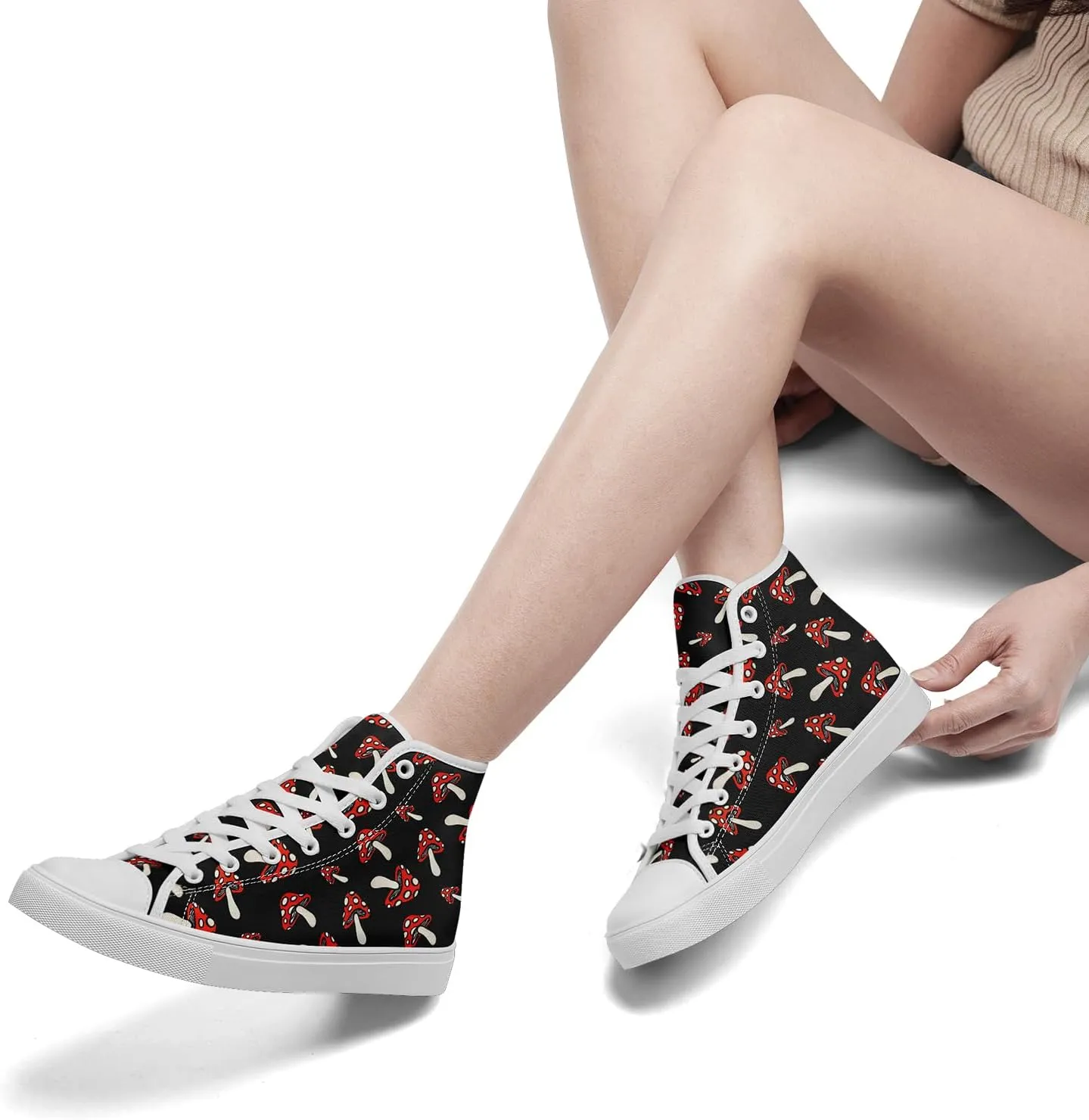 Unisex Artistic Mushroom Print High Top Canvas Sneakers, Lightweight Breathable Lace-Up Shoes for Walking and Daily Wear