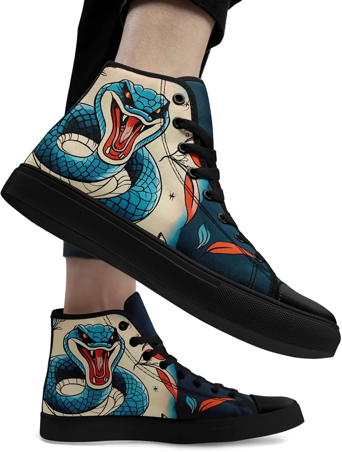 Unisex Snake Print Canvas High Top Sneakers, Lightweight Lace-Up Shoes for Walking, Outdoor Activities, and Daily Wear