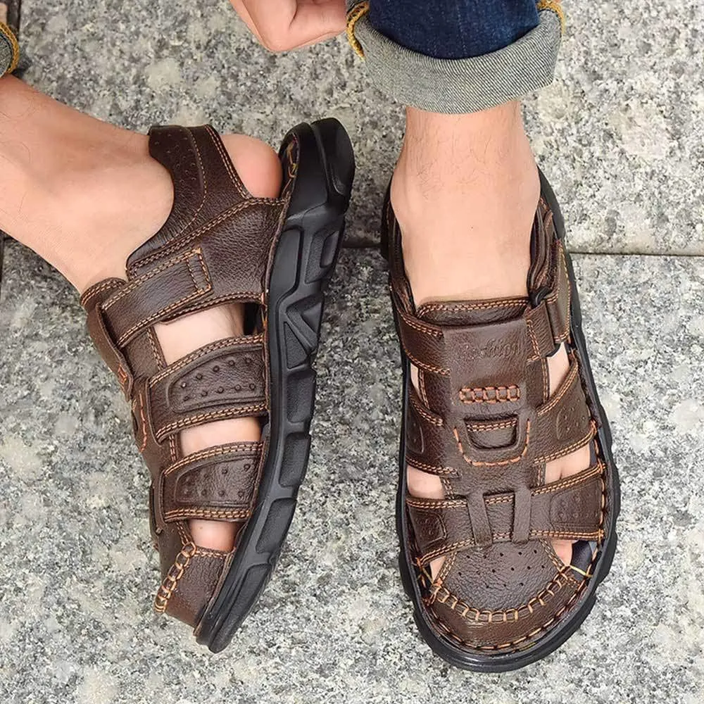 UPIShi Men's Closed Toe Leather Fisherman Adjustable Lightweight Outdoor Beach Sandals