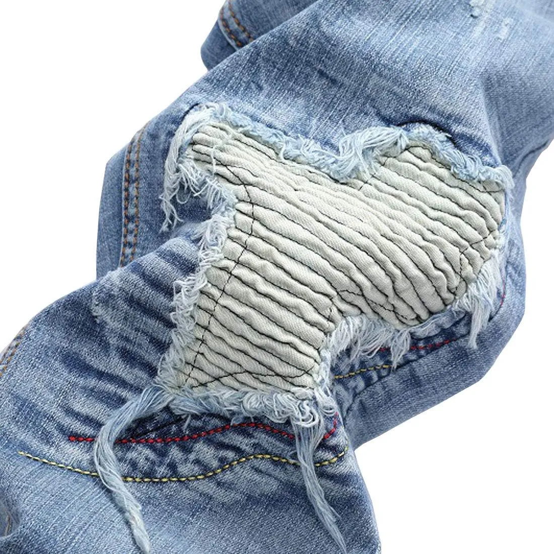 utcoco Men's Slim Fit Mid Waist Straight Leg Ripped Distressed Holes Classic Denim Patches Jeans