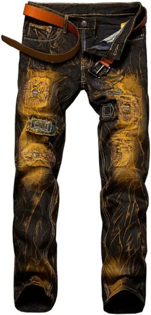 utcoco Men's Slim Fit Mid Waist Straight Leg Ripped Distressed Holes Classic Denim Patches Jeans