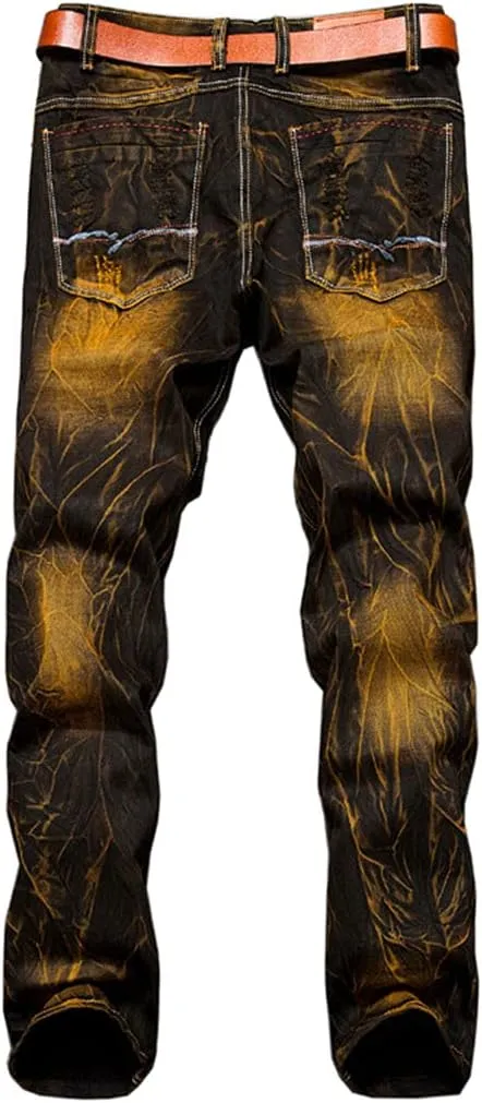 utcoco Men's Slim Fit Mid Waist Straight Leg Ripped Distressed Holes Classic Denim Patches Jeans