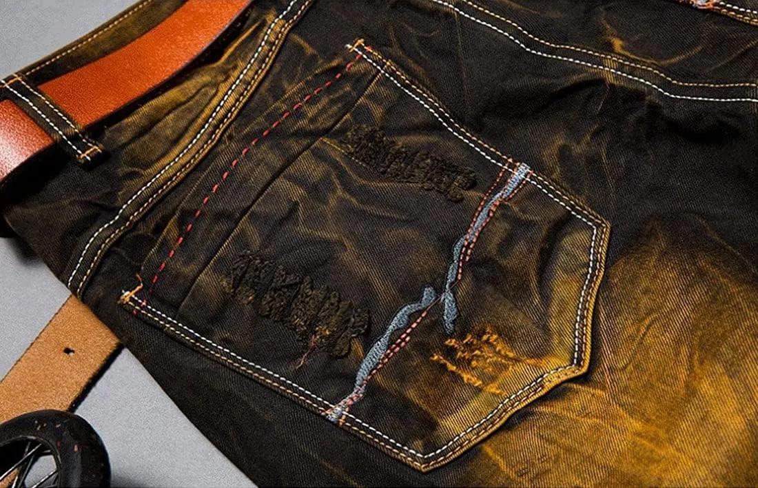 utcoco Men's Slim Fit Mid Waist Straight Leg Ripped Distressed Holes Classic Denim Patches Jeans