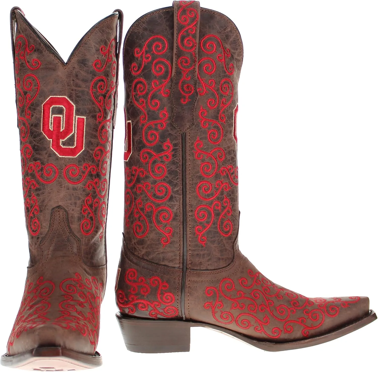 Vaccari Women's Claire Genuine Leather NCAA League & Scroll Embroidery Snip Toe Cowgirl Boots
