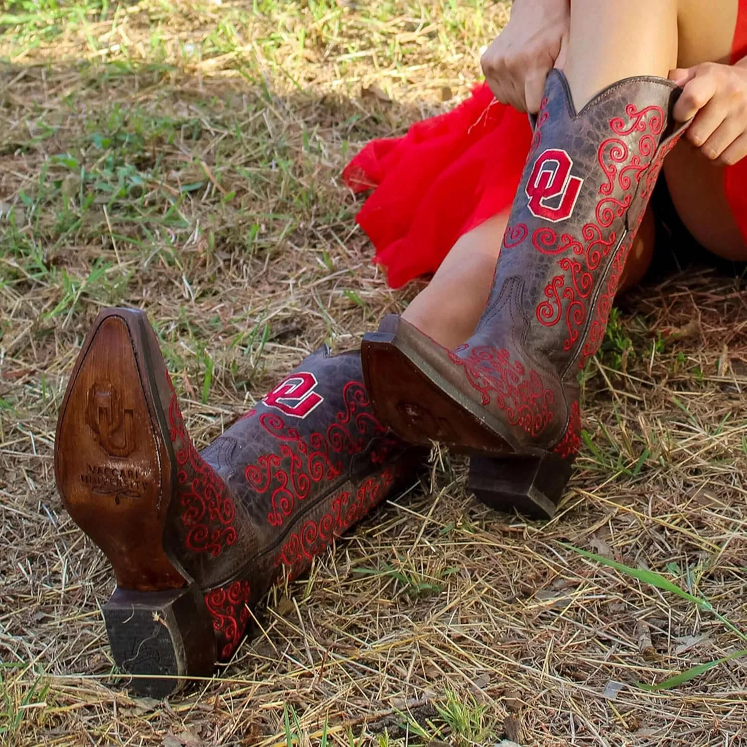 Vaccari Women's Claire Genuine Leather NCAA League & Scroll Embroidery Snip Toe Cowgirl Boots