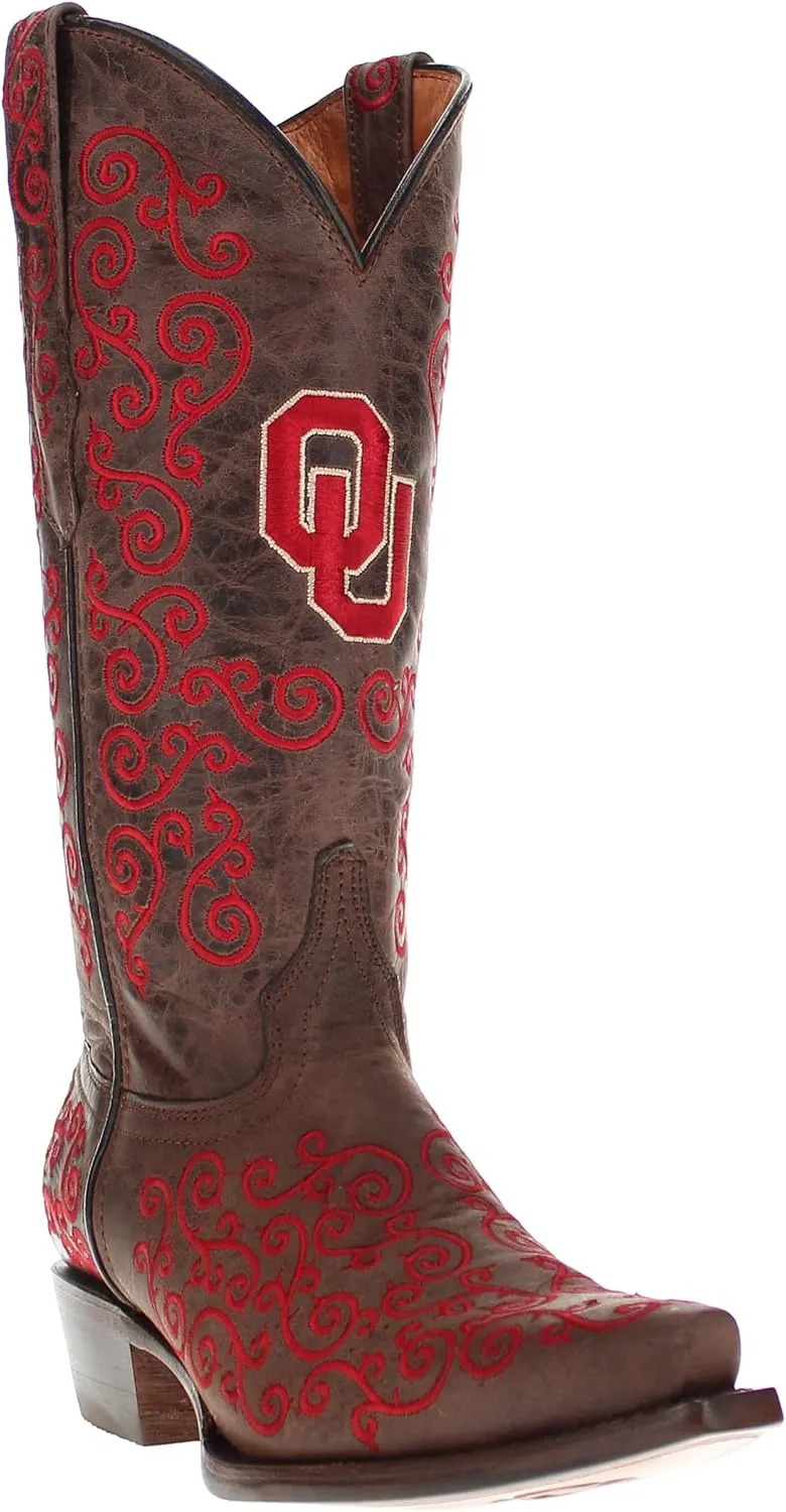 Vaccari Women's Claire Genuine Leather NCAA League & Scroll Embroidery Snip Toe Cowgirl Boots