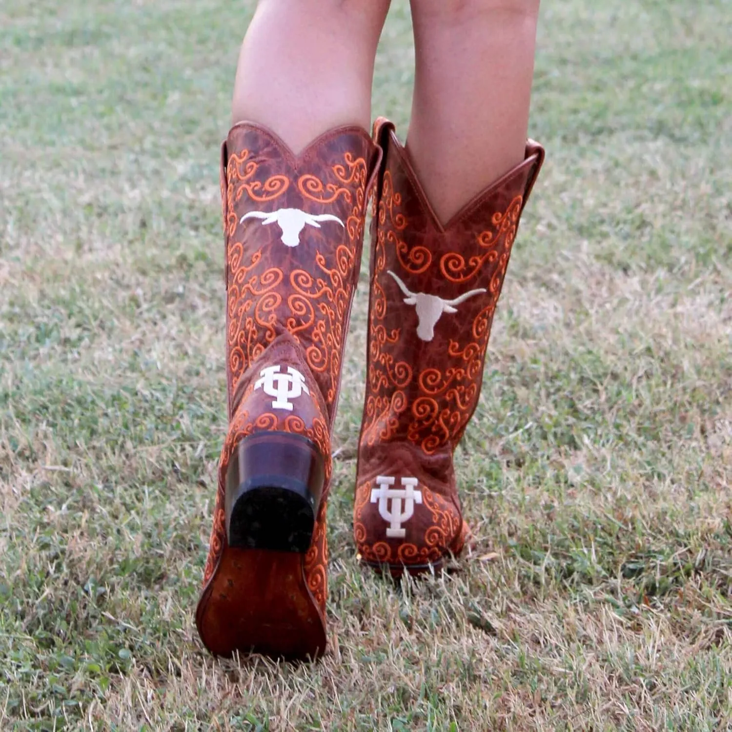 Vaccari Women's Claire Genuine Leather NCAA League & Scroll Embroidery Snip Toe Cowgirl Boots