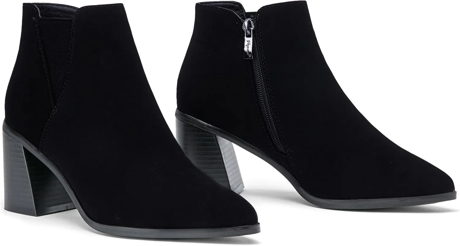 Vepose Women's 9631 Ankle Booties Pointed Toe, Block Chunky Heel Boots with Side Zipper
