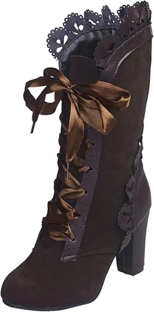 Victorian Boots for Women Retro Kitten Heel Mid Calf Shoes Lace Up Side Zipper Mid Heel Vintage Comfort Dressy Booties
