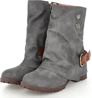 Wavyvigs Slouch Ankle Boots Fold Over Lug Sole Chunky Heel Booties with Bukle