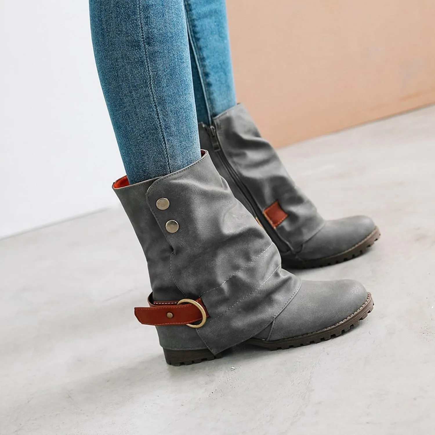 Wavyvigs Slouch Ankle Boots Fold Over Lug Sole Chunky Heel Booties with Bukle