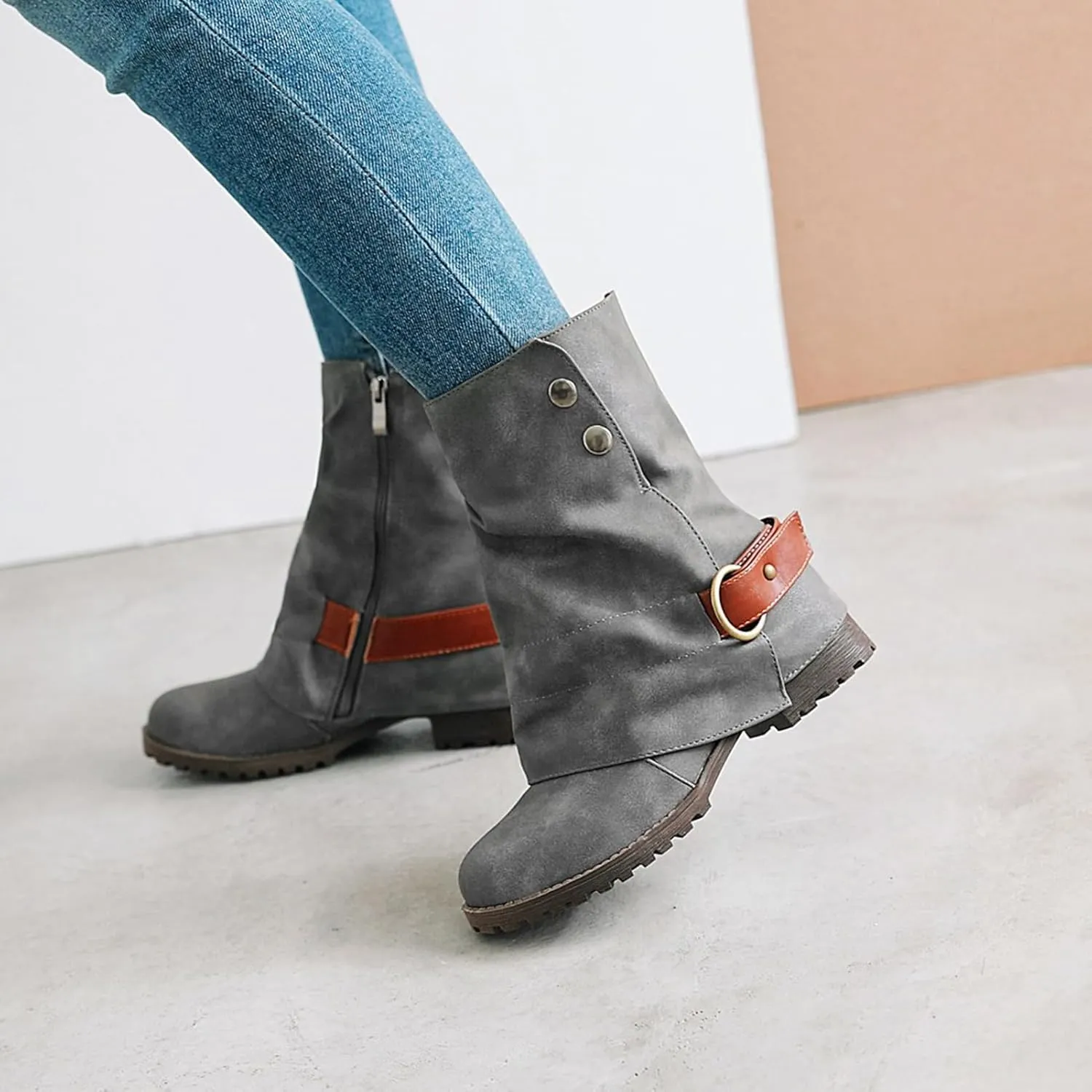 Wavyvigs Slouch Ankle Boots Fold Over Lug Sole Chunky Heel Booties with Bukle