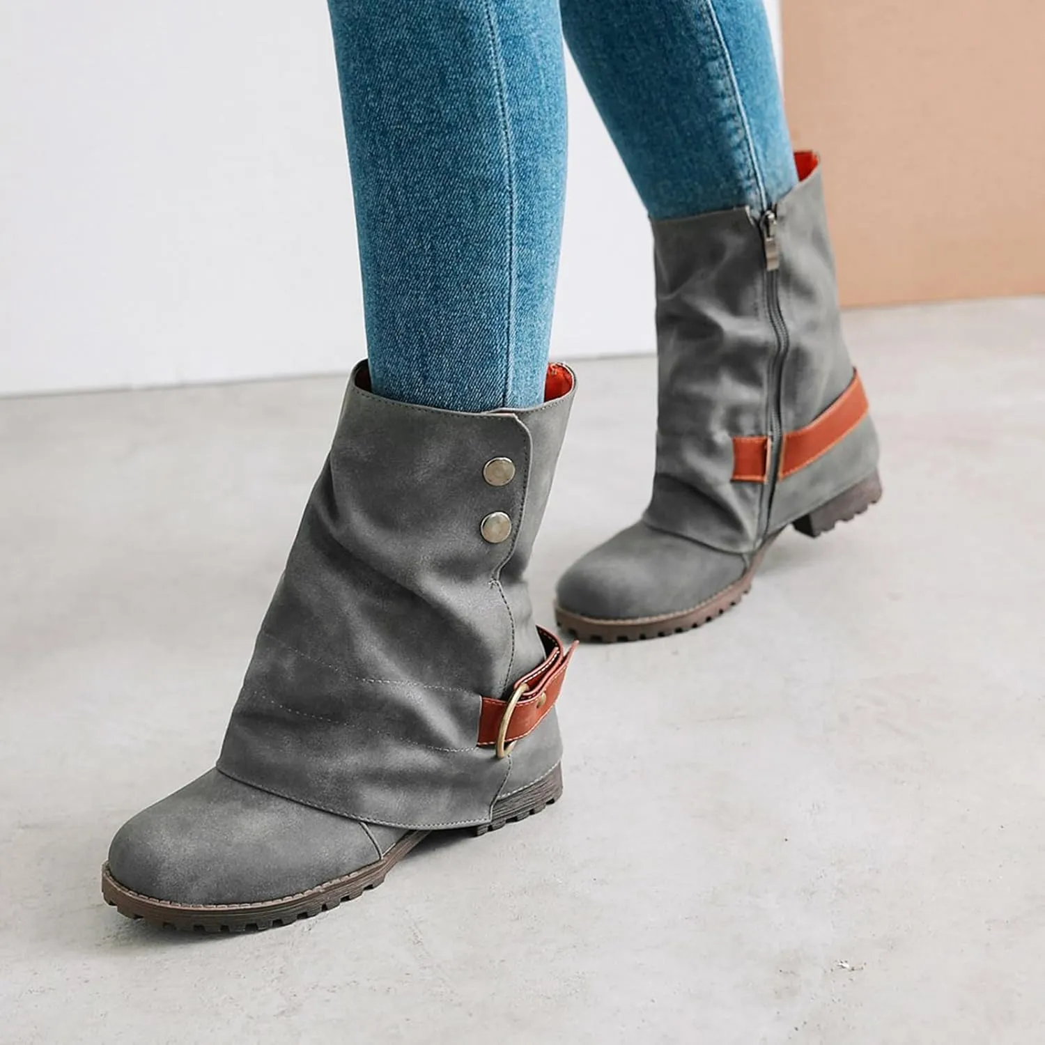 Wavyvigs Slouch Ankle Boots Fold Over Lug Sole Chunky Heel Booties with Bukle