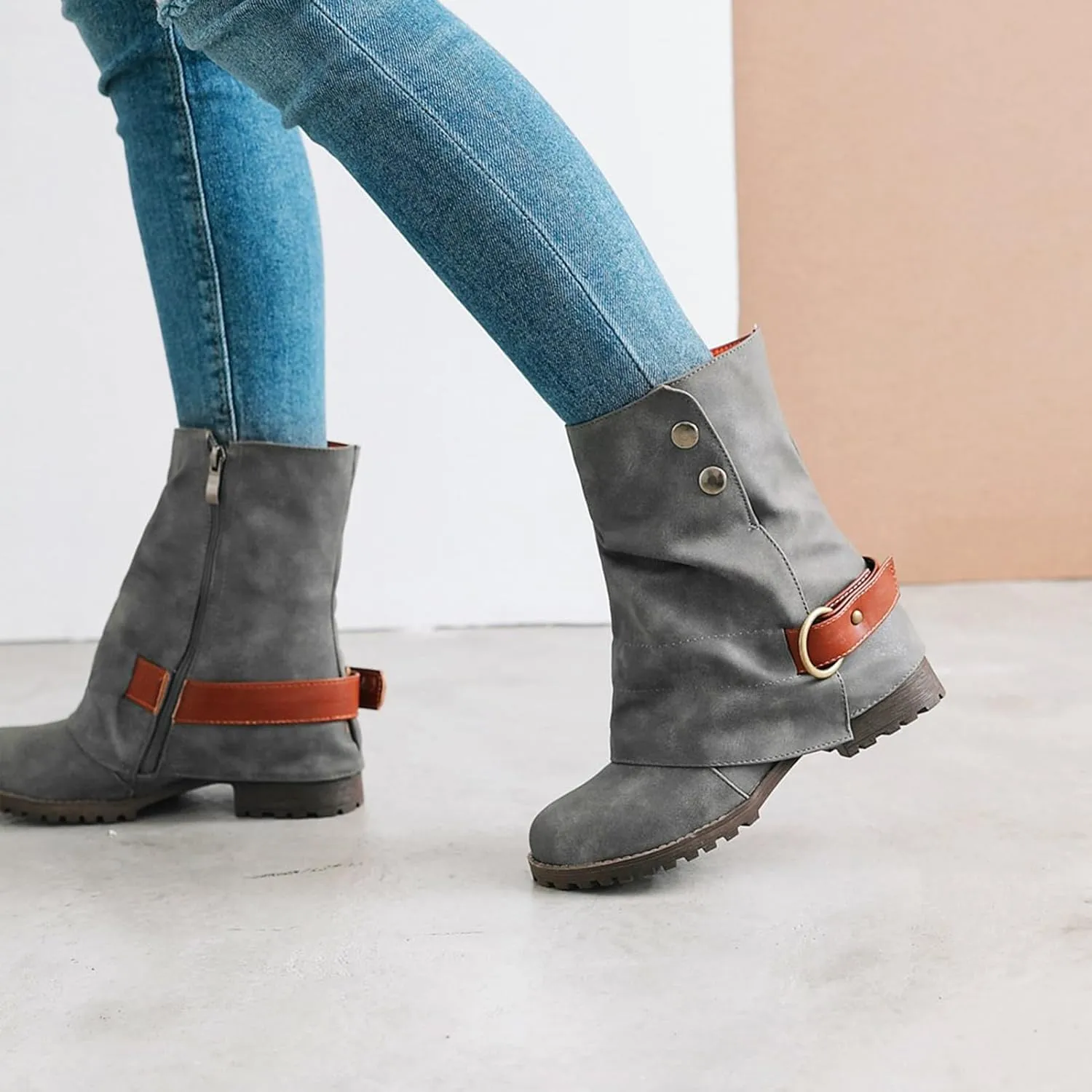 Wavyvigs Slouch Ankle Boots Fold Over Lug Sole Chunky Heel Booties with Bukle
