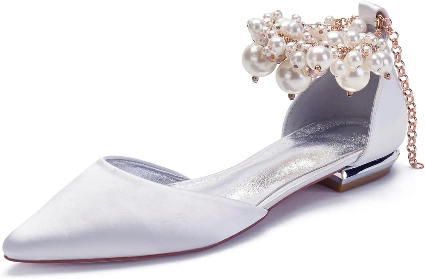 Wedding Bridal Shoes Beaded Ankle Strap Low Heels Women's Pumps Pointed Toe Closed Toe Sandal 2CM High Heels Satin Flats Elegant Formal,White,11.5