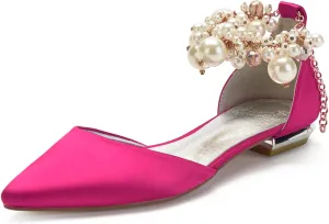 Wedding Bridal Shoes Beaded Ankle Strap Low Heels Women's Pumps Pointed Toe Closed Toe Sandal 2CM High Heels Satin Flats Elegant Formal,Wine red,8.5