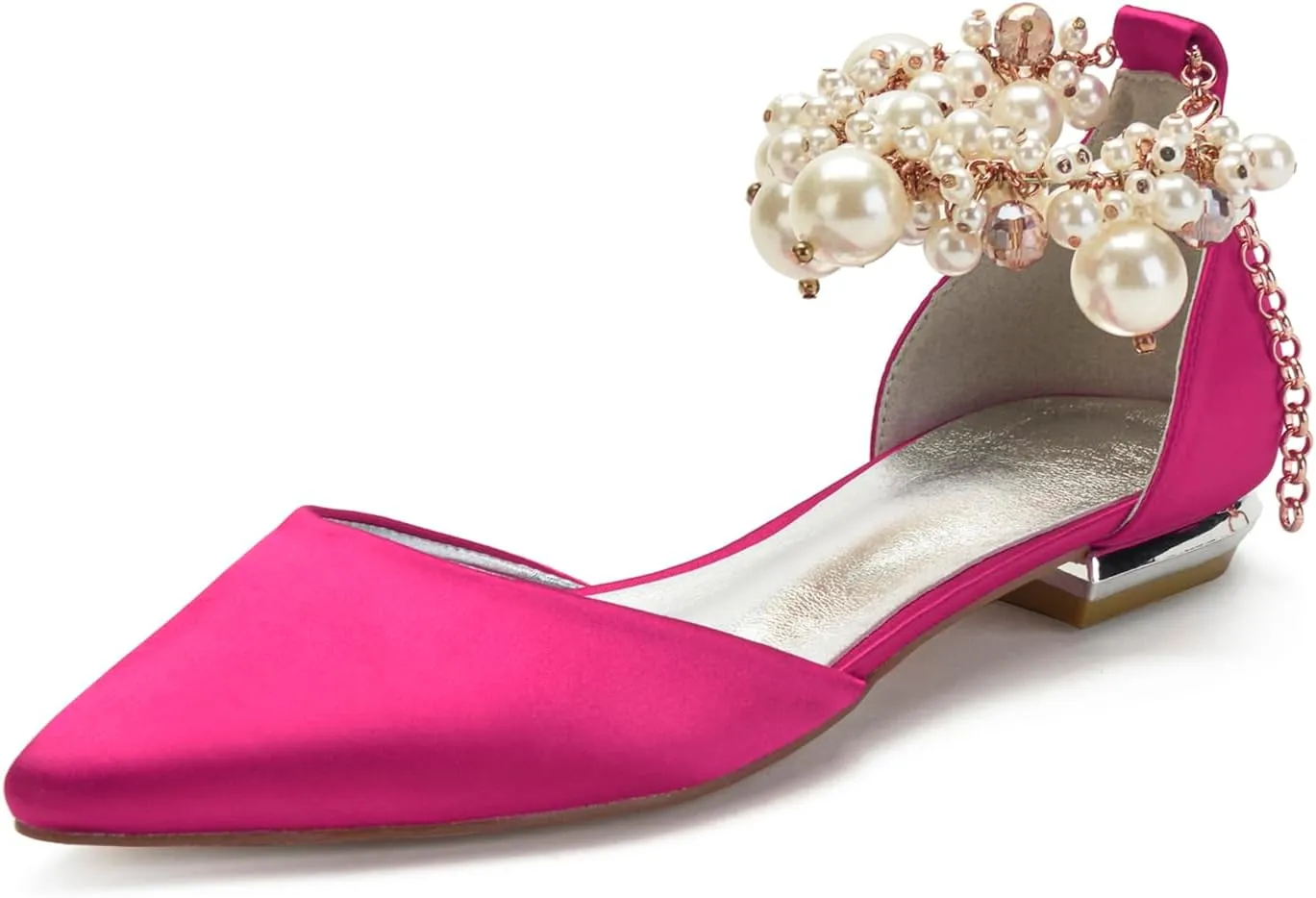 Wedding Bridal Shoes Beaded Ankle Strap Low Heels Women's Pumps Pointed Toe Closed Toe Sandal 2CM High Heels Satin Flats Elegant Formal,Wine red,8.5