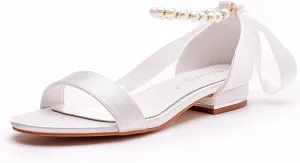 Wedding Bride Shoes Women's Court Shoes Flat Sandals Satin Low Heel Open Toe Evening Sandals 2Cm