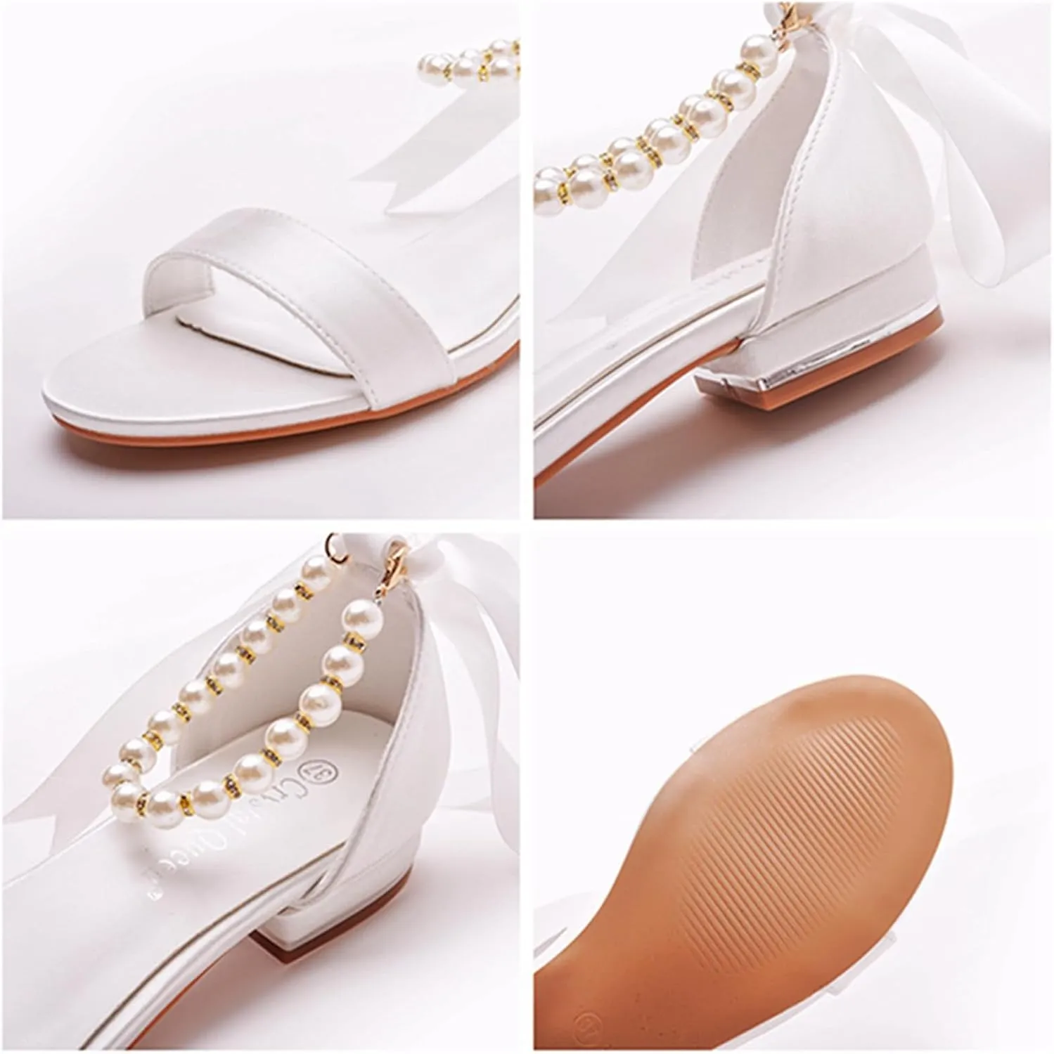 Wedding Bride Shoes Women's Court Shoes Flat Sandals Satin Low Heel Open Toe Evening Sandals 2Cm