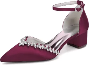 Wedding Shoes Bridal Pointed Toe Low Block Heel Women's Chunky Heels Satin Ankle Strap Heeled 4.5Cm
