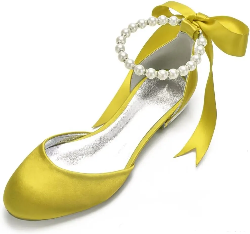Wedding Shoes Flats for Bride Satin Pearls Round Toe Women Dress Shoes for Special Occasions