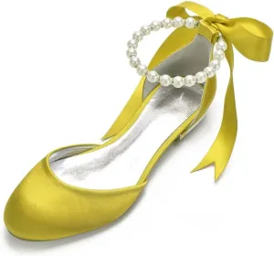 Wedding Shoes Flats for Bride Satin Pearls Round Toe Women Dress Shoes for Special Occasions