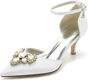 Wedding Shoes for Bride Glitter Wedding Women Ankle Strap Bridal Shoes Closed Toe Crystal Pointed Mid Heel
