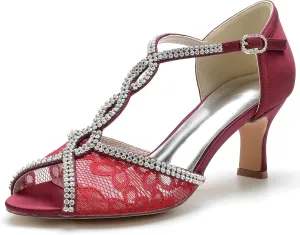 Wedding Shoes Women's Bridal Heels Sandals Lace Open Toe Low High Sandals Dress Party Pumps Shoes 6.5Cm