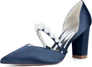 Wedding Shoes Women's Heels,Satin Pumps, Nude Heels for Women,Chunky Heels Bridal Women,Pointed Toe Dress Office Wedding Shoes 8.5Cm