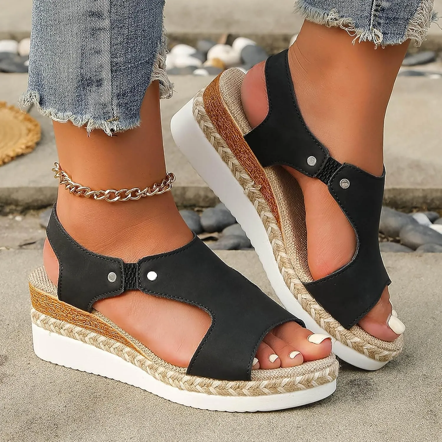 Wedge Sandals for Women 2025 Woven Flax Thick Sole Sandals Open Toe Adjustable Strappy Espadrille Slip On Low Heel Orthopedic Shoes Comfortable Beach Platform Summer Shoes