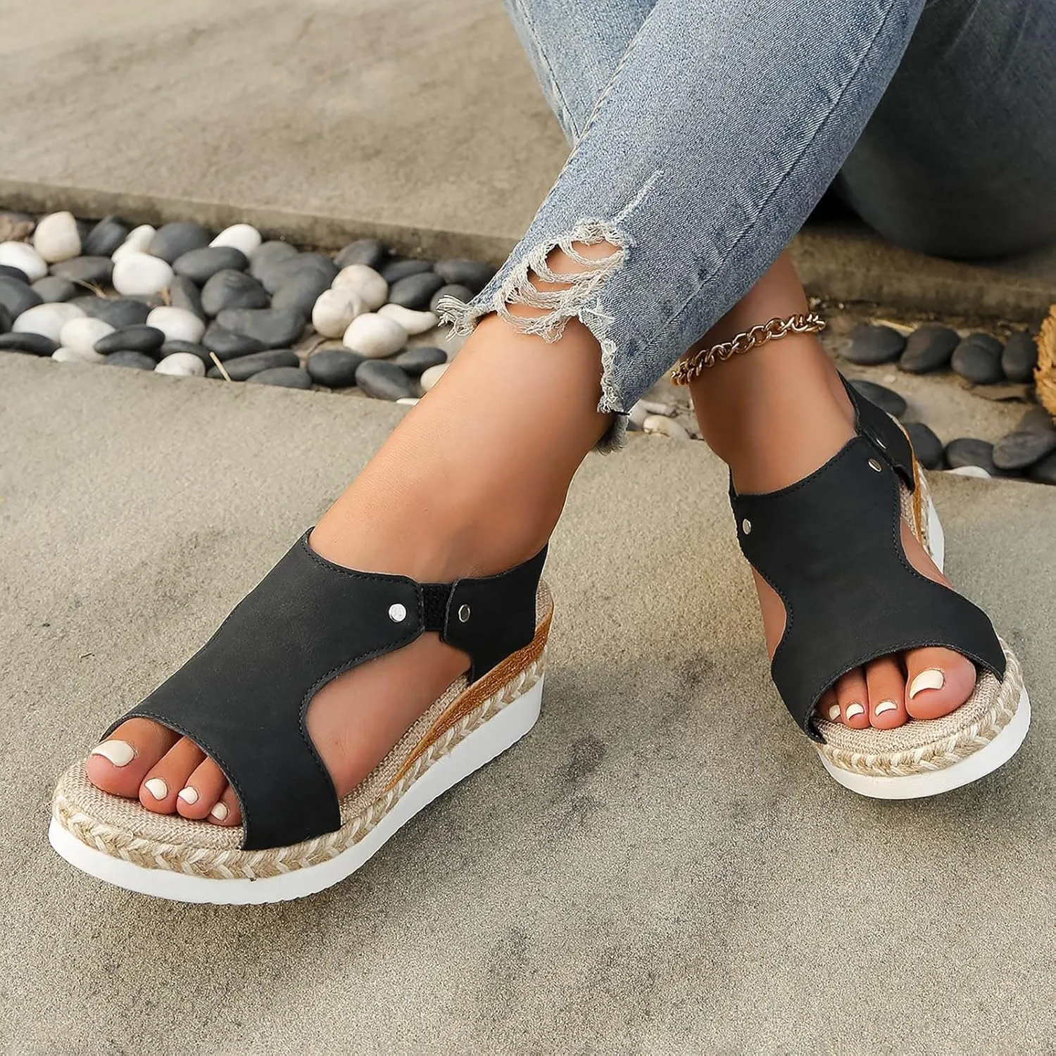 Wedge Sandals for Women 2025 Woven Flax Thick Sole Sandals Open Toe Adjustable Strappy Espadrille Slip On Low Heel Orthopedic Shoes Comfortable Beach Platform Summer Shoes