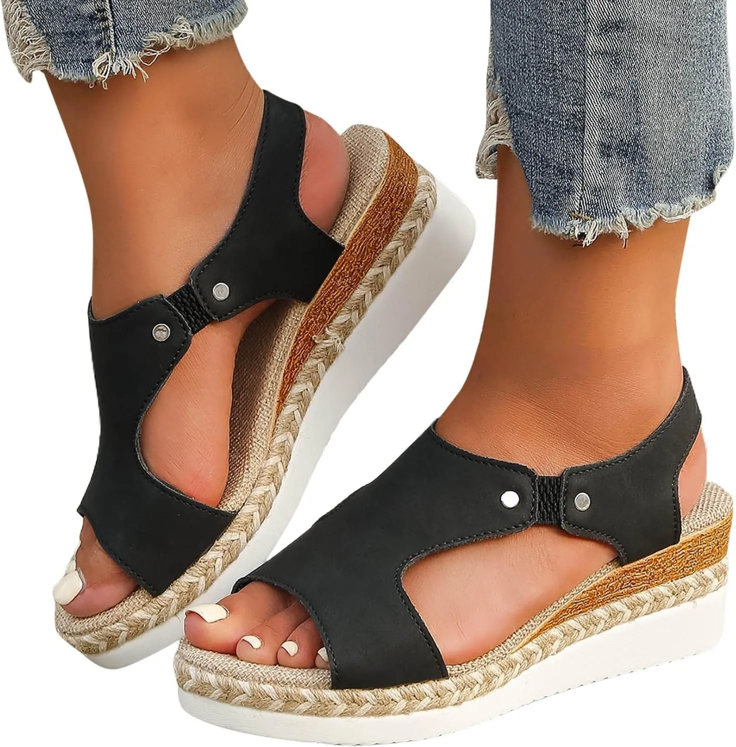 Wedge Sandals for Women 2025 Woven Flax Thick Sole Sandals Open Toe Adjustable Strappy Espadrille Slip On Low Heel Orthopedic Shoes Comfortable Beach Platform Summer Shoes