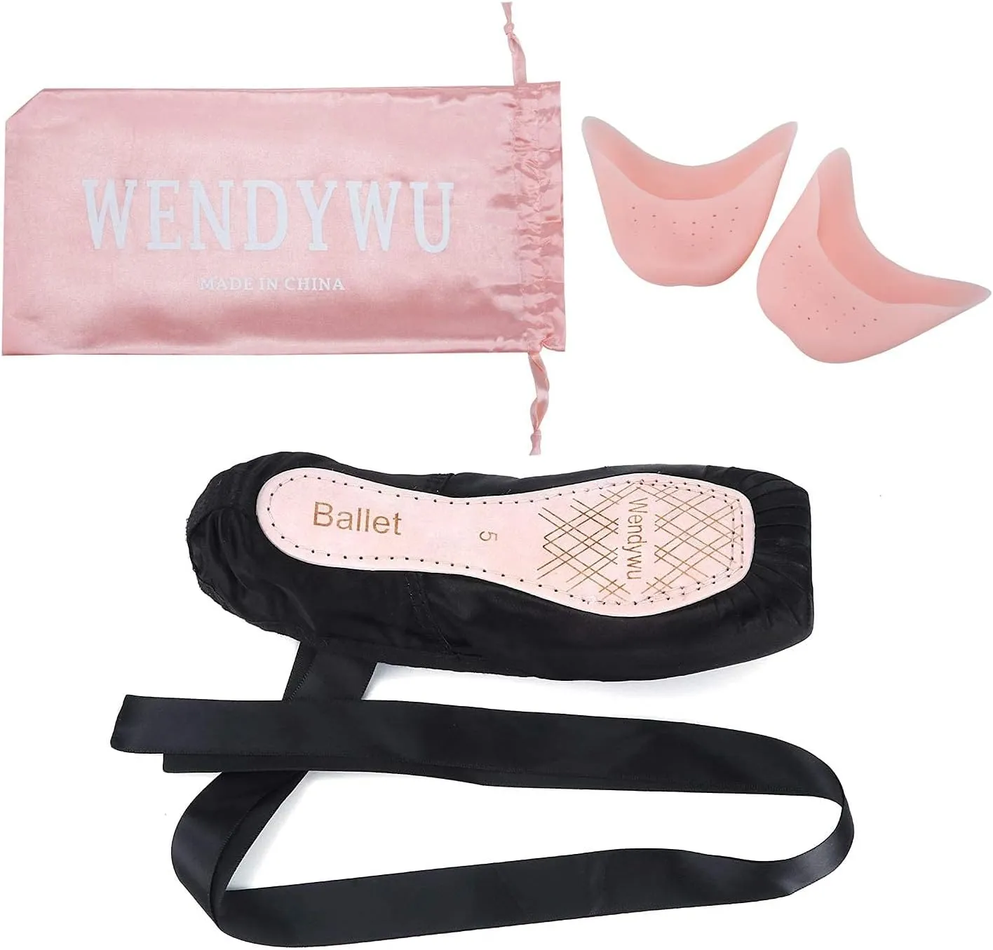 WENDYWU Girls Womens Dance Shoe Pink Ballet Pointe Slippers Ballet Flats Shoes with Ribbons Toe Pads Black Pink Red