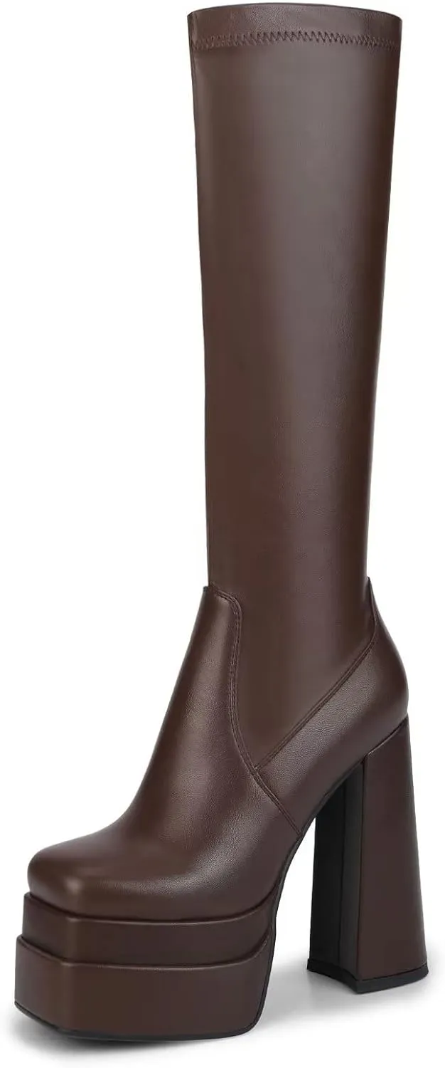 wetkiss Platform Knee High Boots Women Chunky High Heel Black Boots for Women Gogo Boot with Side Zipper Stretchy Boot Not for Bigger Wide Calf