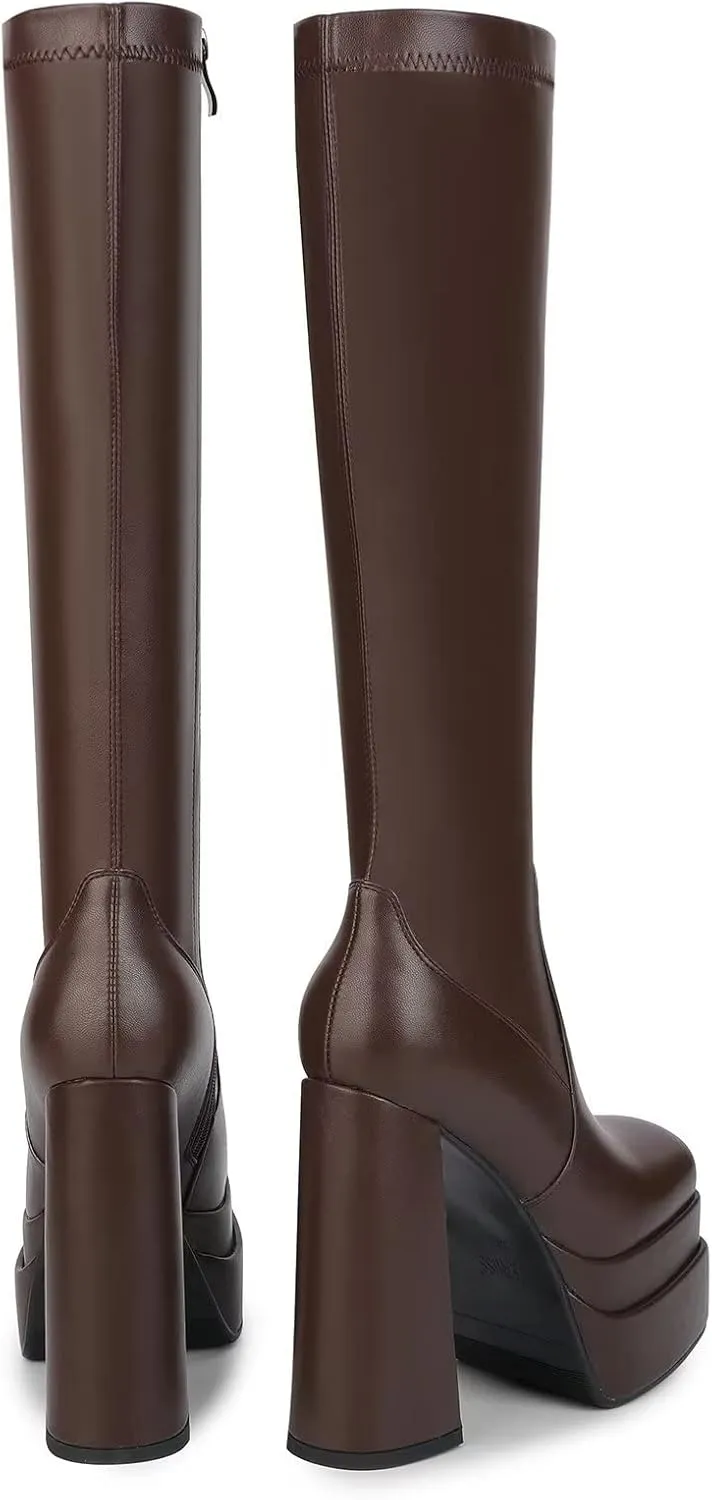 wetkiss Platform Knee High Boots Women Chunky High Heel Black Boots for Women Gogo Boot with Side Zipper Stretchy Boot Not for Bigger Wide Calf