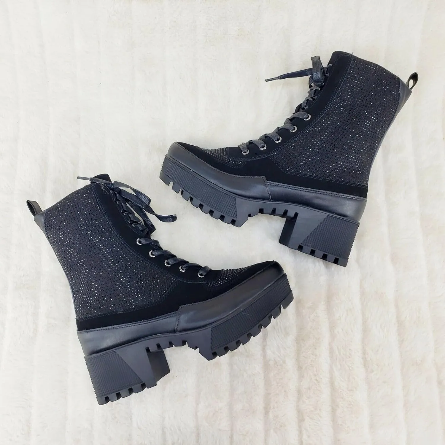 Wild Diva Women Rhinestone Lace Up Lug-Sole Chunky Block Heel Combat Ankle Boots