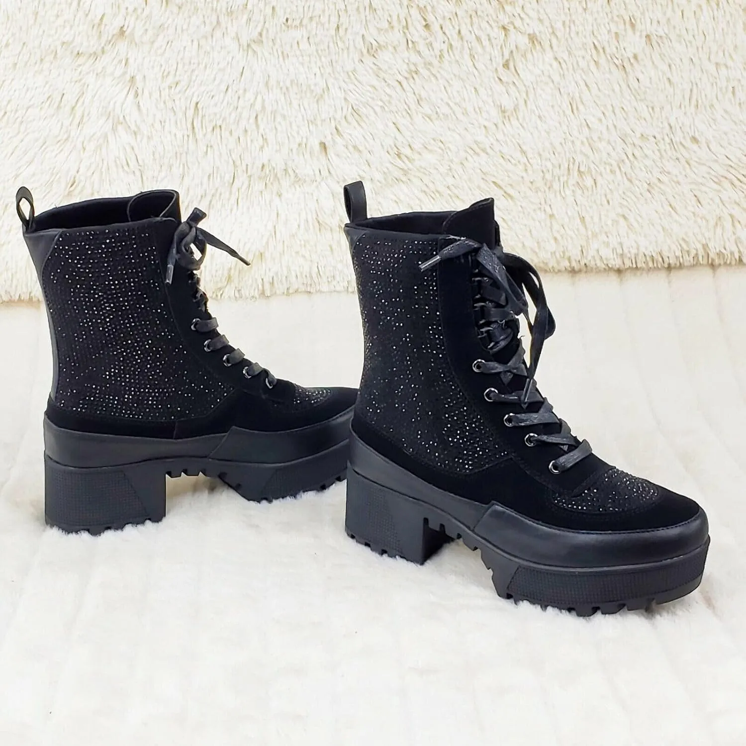 Wild Diva Women Rhinestone Lace Up Lug-Sole Chunky Block Heel Combat Ankle Boots