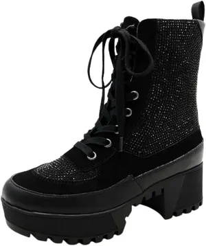 Wild Diva Women Rhinestone Lace Up Lug-Sole Chunky Block Heel Combat Ankle Boots