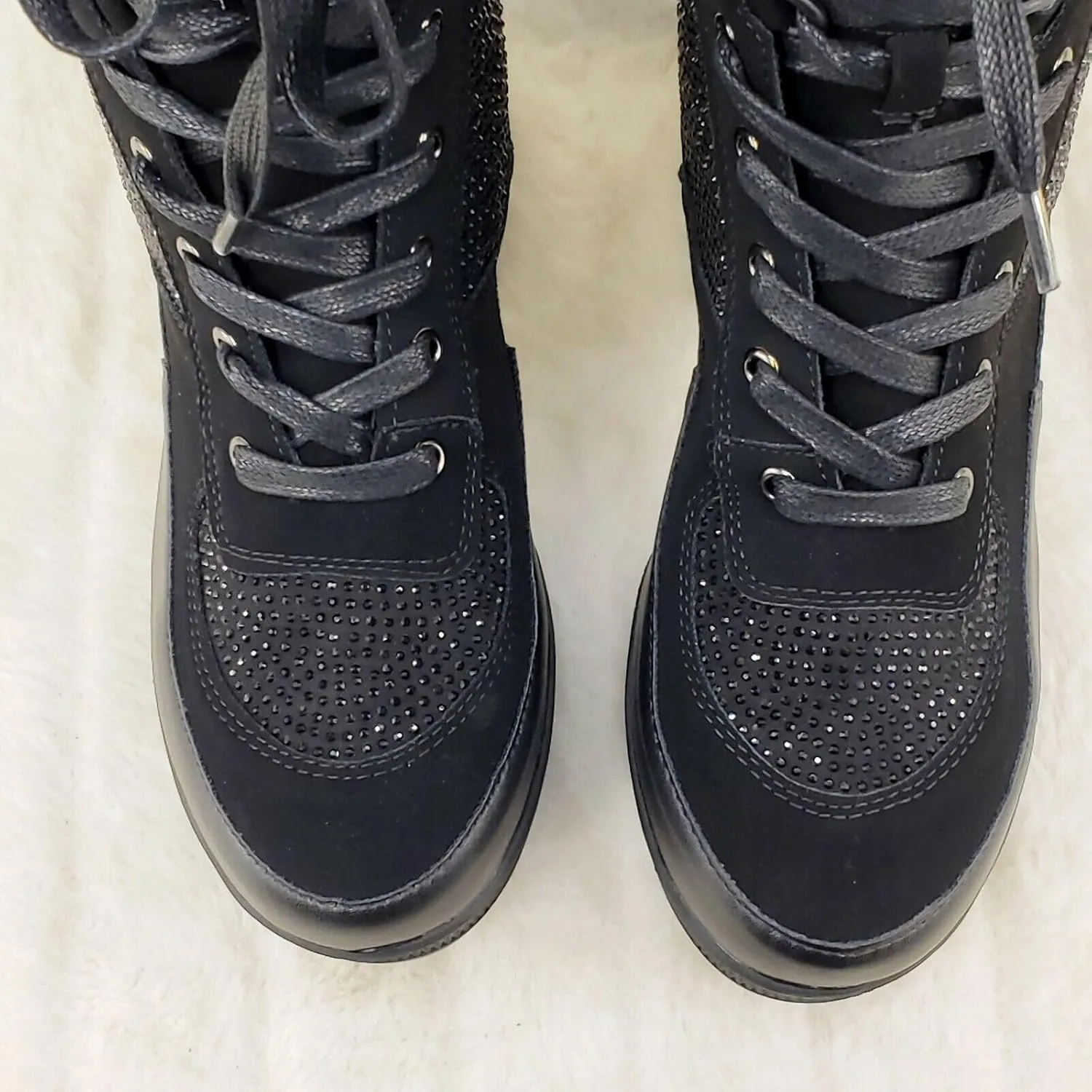 Wild Diva Women Rhinestone Lace Up Lug-Sole Chunky Block Heel Combat Ankle Boots