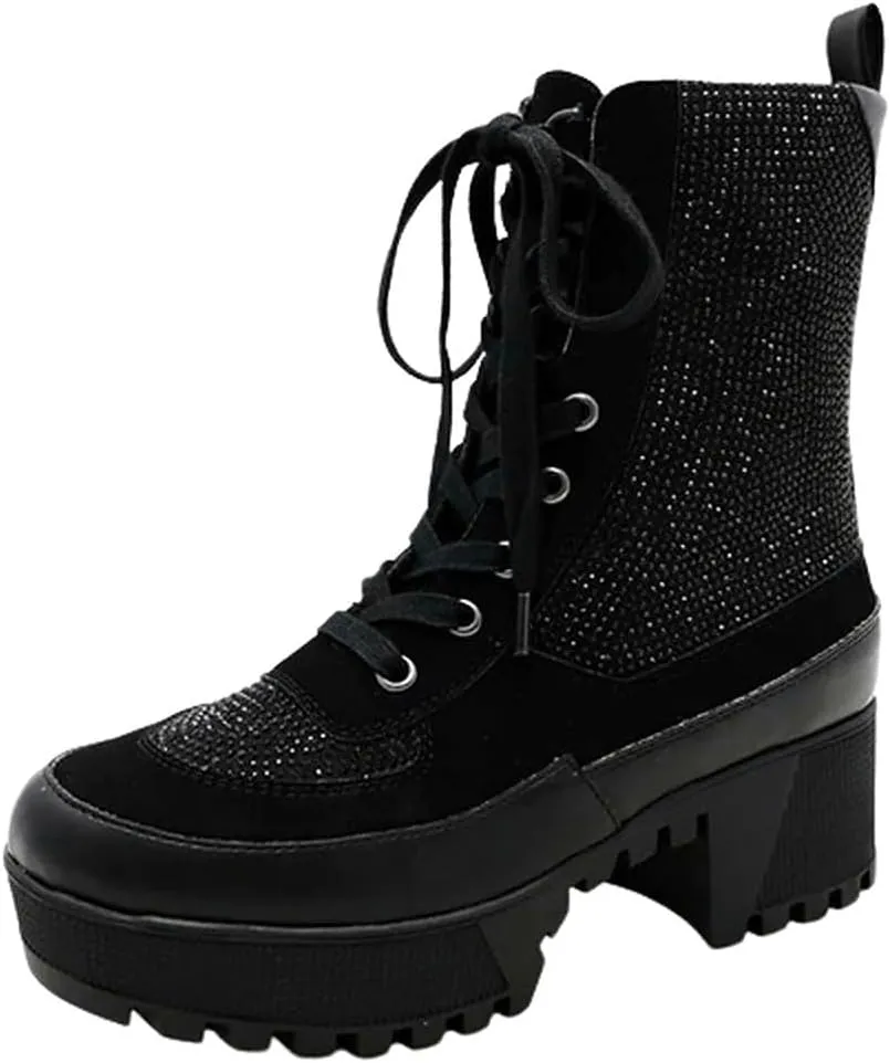 Wild Diva Women Rhinestone Lace Up Lug-Sole Chunky Block Heel Combat Ankle Boots