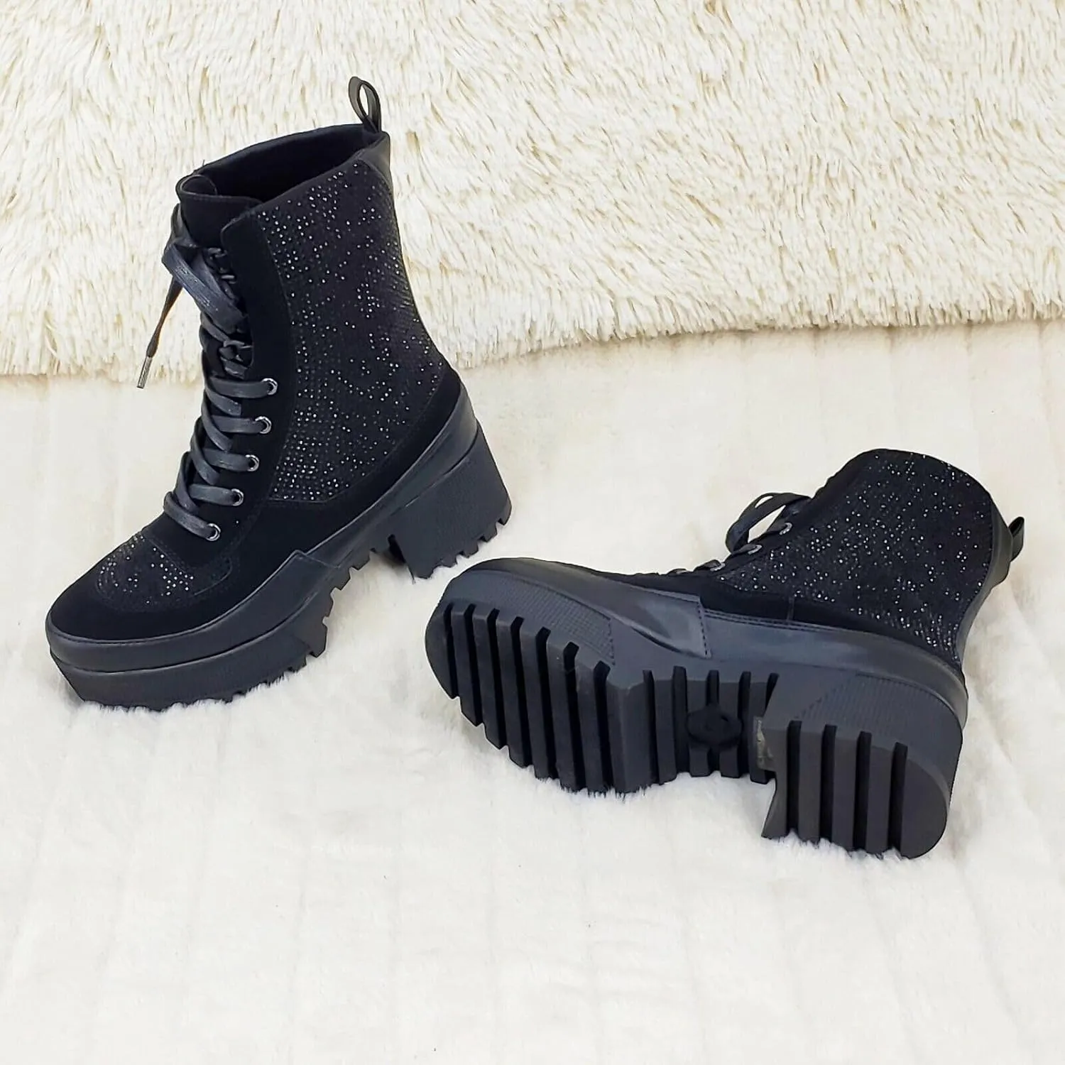 Wild Diva Women Rhinestone Lace Up Lug-Sole Chunky Block Heel Combat Ankle Boots