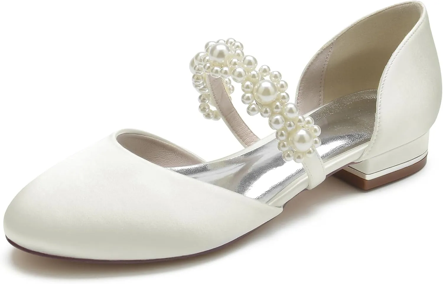 Women Ballet Flat Satin Pearl Closed Toe Bridal Shoes Slip-On Low Heel Dress Shoes Party Prom Flat Ballet