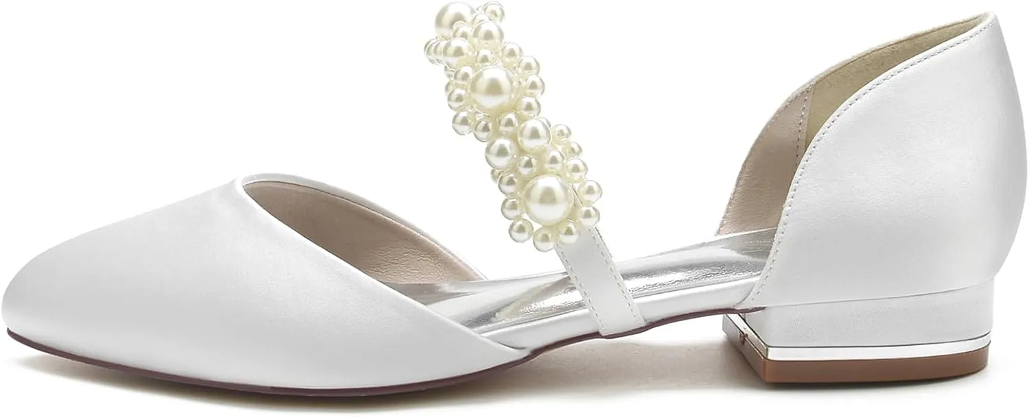 Women Ballet Flat Satin Pearl Closed Toe Bridal Shoes Slip-On Low Heel Dress Shoes Party Prom Flat Ballet
