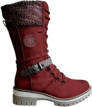 Women Buckle Lace Knitted Mid-calf Boots, knitted tall shaft hiker boot styled with Stylish finished hardware and two-tone laces